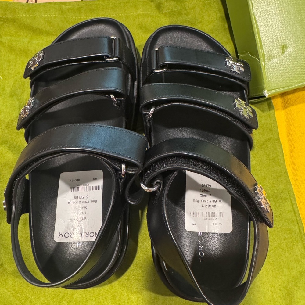 Tory Burch Black Leather Triple-Strap Logo Sandals - Picture 3 of 8